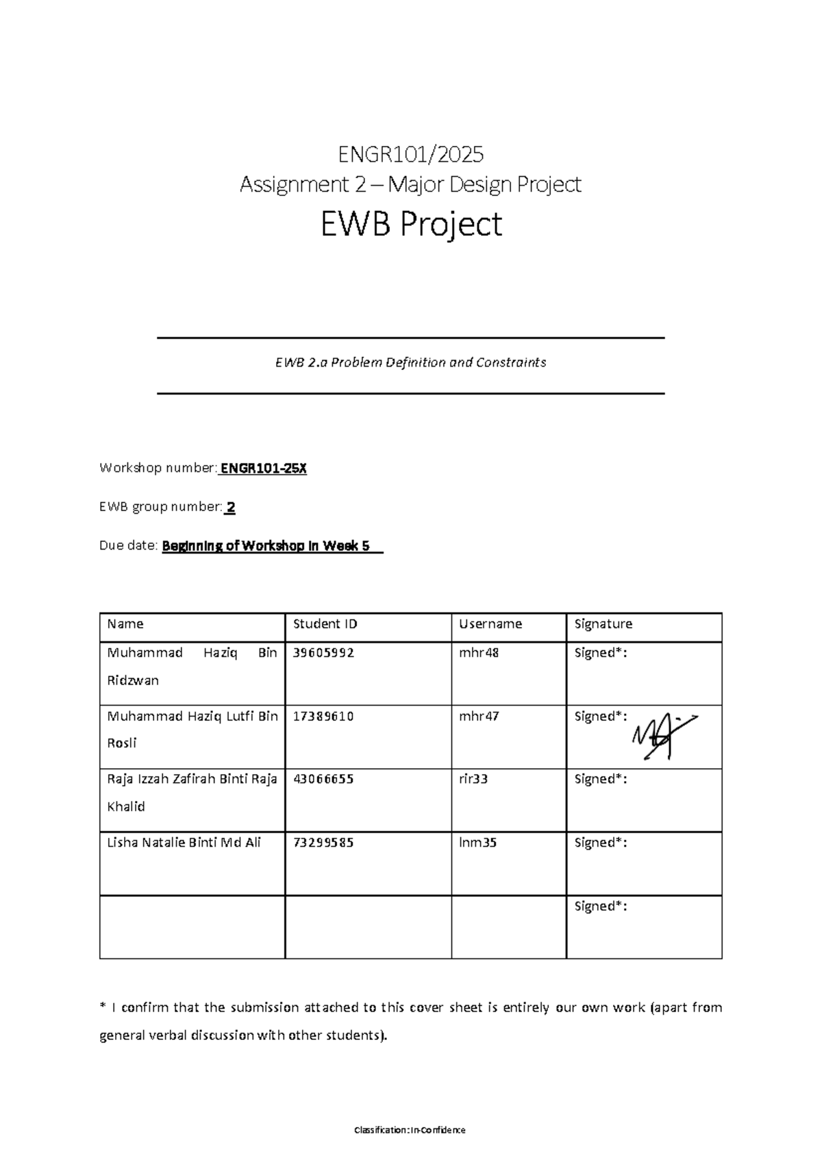 EWB 2.a Problem Definition & Constraints for Major Design Project - Studocu