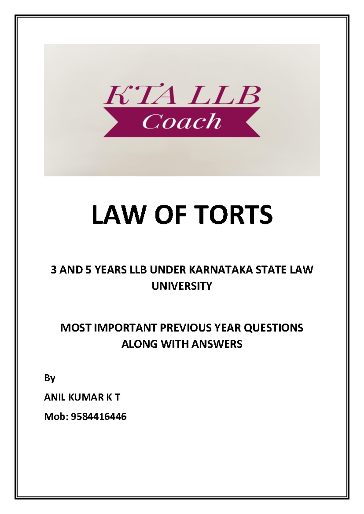 KSLU 4003 Law of Torts Final Exam Notes & Important Qs - Studocu