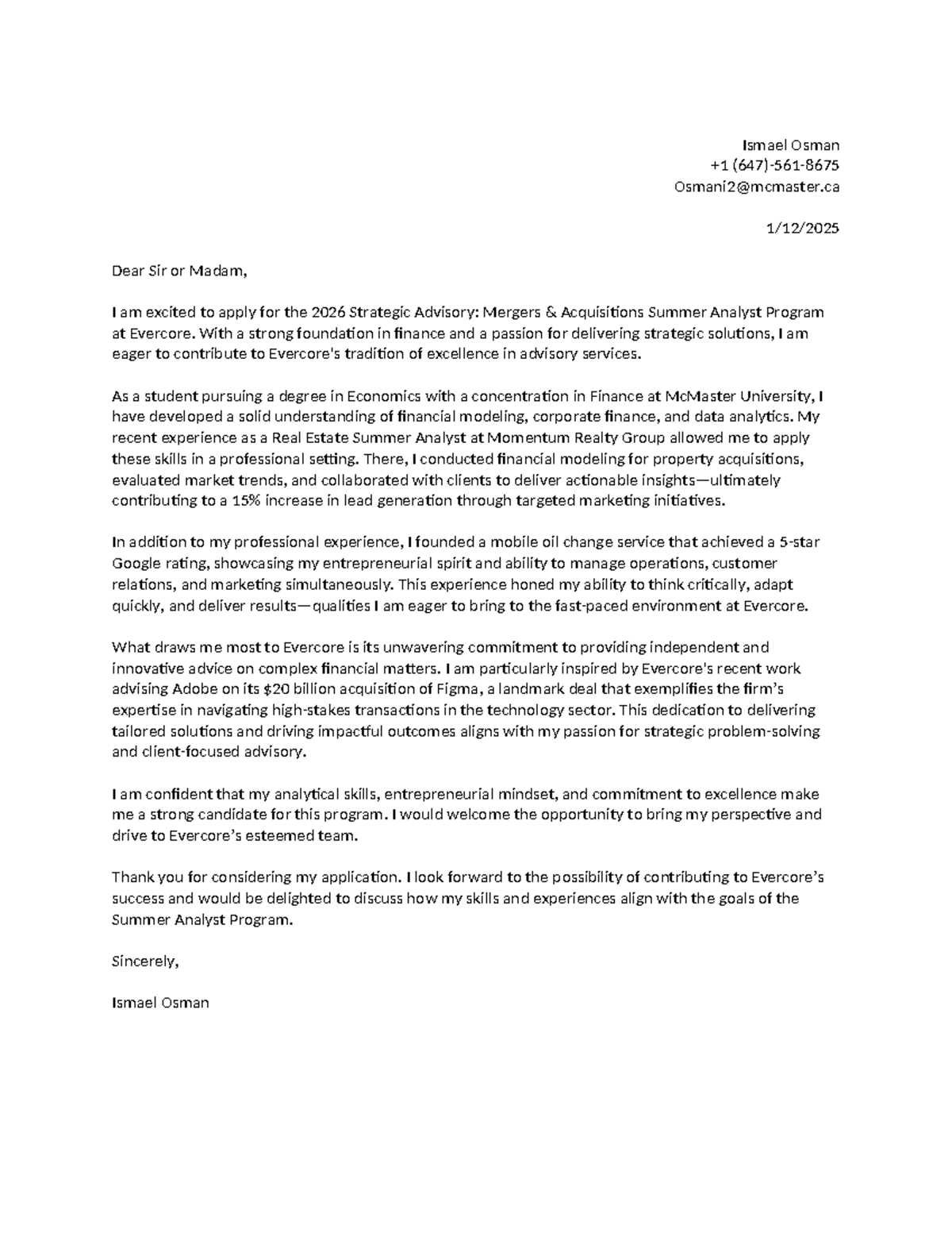 McMaster University Cover Letter for 2026 Analyst Program - Studocu