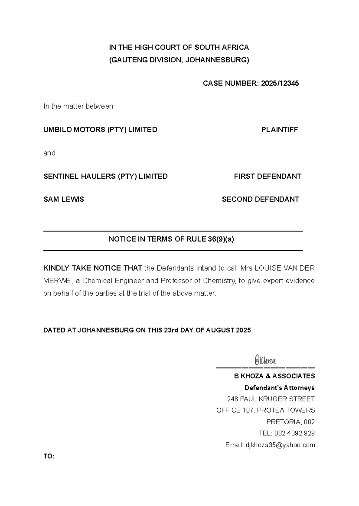 Notice to Call Expert Witness: Chemical Analysis in Case No. [Insert ...
