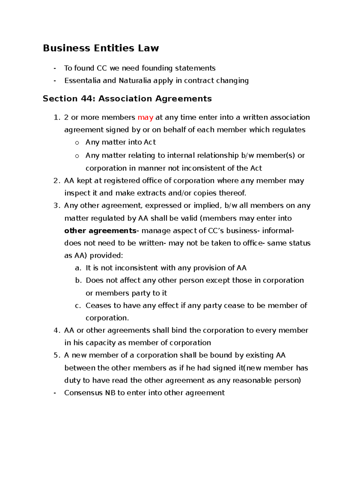 Business Entities Law (CC): Summary of Founding Statements & Agreements ...