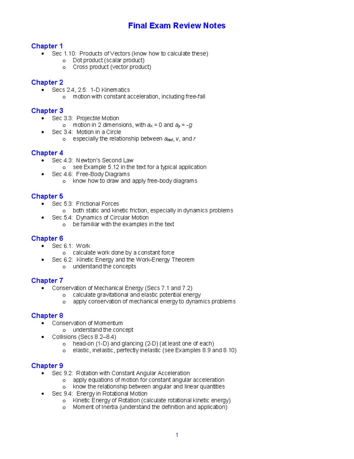 Final Exam Review Notes for Physics 101: Key Concepts & Practice ...