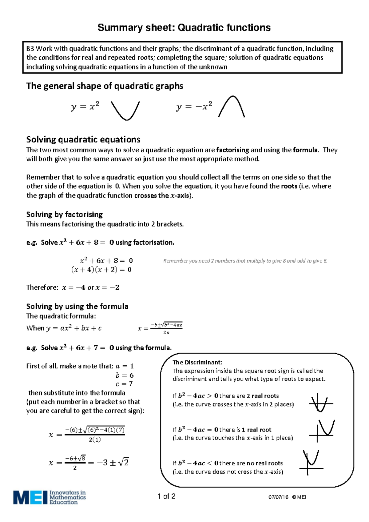 B3 Quadratic Functions: Summary & Solving Techniques - Studocu