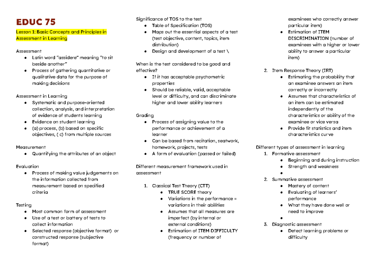 EDUC 75 Lesson 1: Key Concepts in Learning Assessment - Studocu