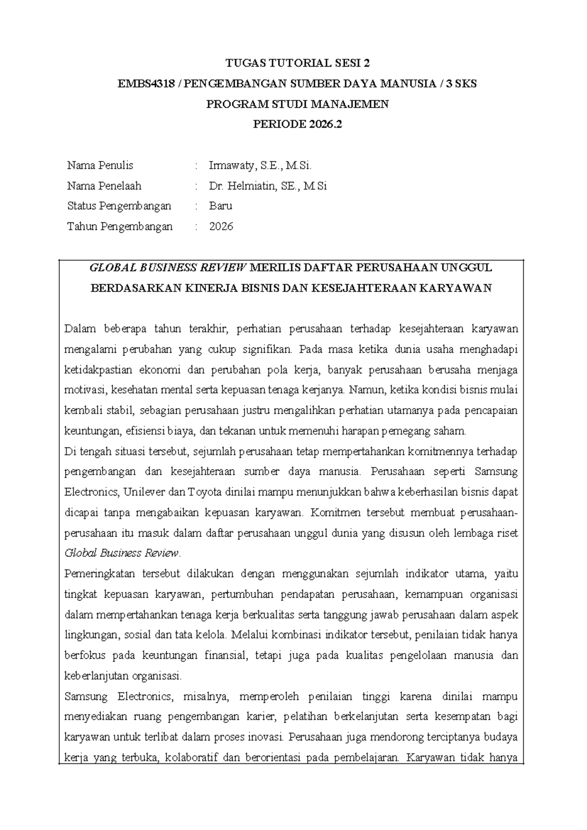 TUGAS 2 EMBS4318: PENGEMBANGAN SUMBER DAYA MANUSIA 2026 - Studocu