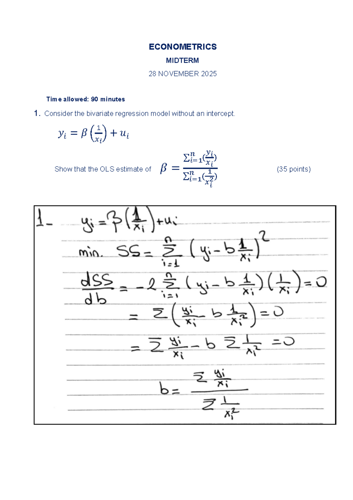ECON- Midterm Exam Solutions: Econometrics 28 Nov 2025 - Studocu