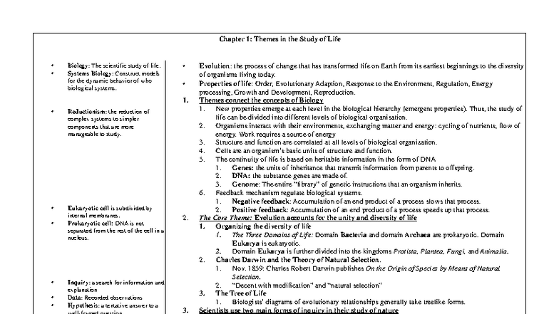 Biology 101: Chapter 1 - Themes in the Study of Life - Studocu