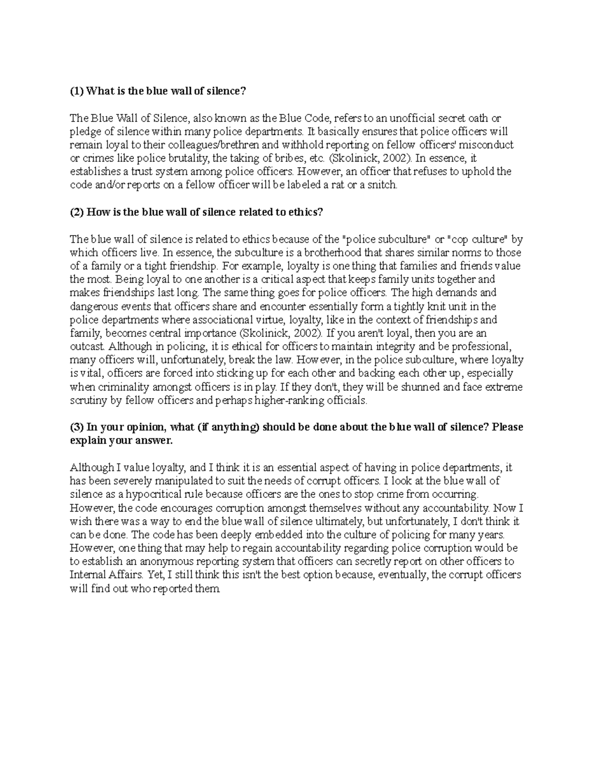 CJUS 3700 Disc 2 - The Blue Wall of Silence & Ethics in Policing - Studocu