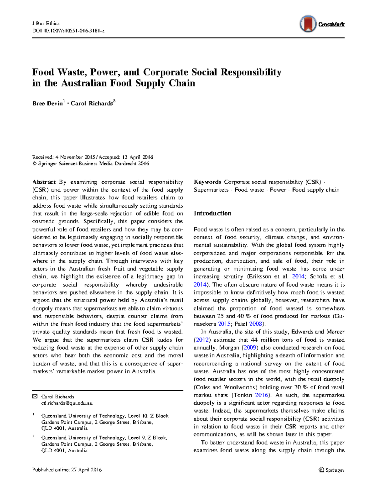 J Bus Ethics: Food Waste, Power & CSR in Australia's Supply Chain - Studocu