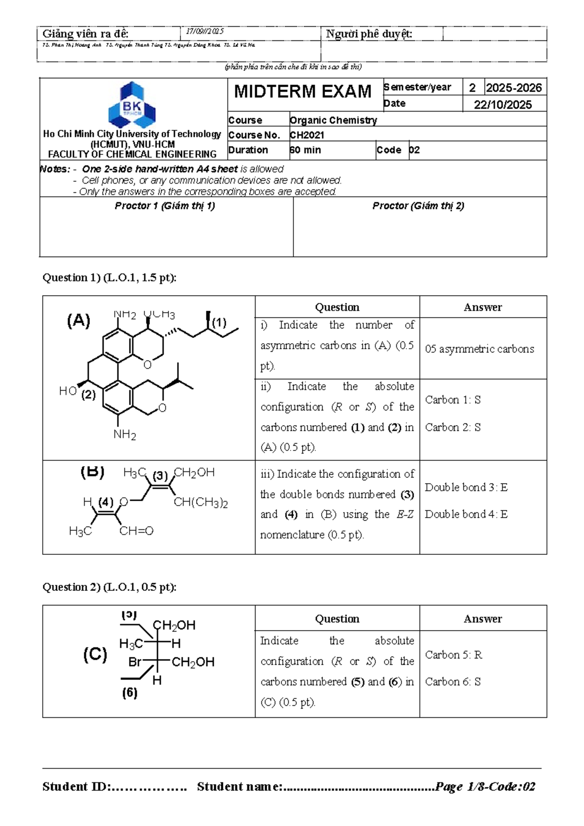 MIDTERM EXAM 2 Answers for Organic Chemistry CH2021 (HCMUT) - Studocu