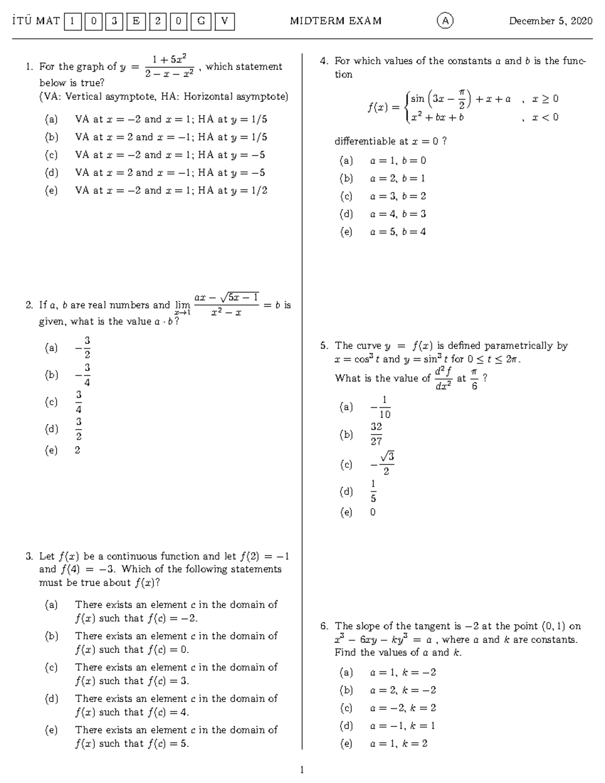 MAT 1 0 3 E MIDTERM EXAM: Asymptotes and Function Analysis - Studocu