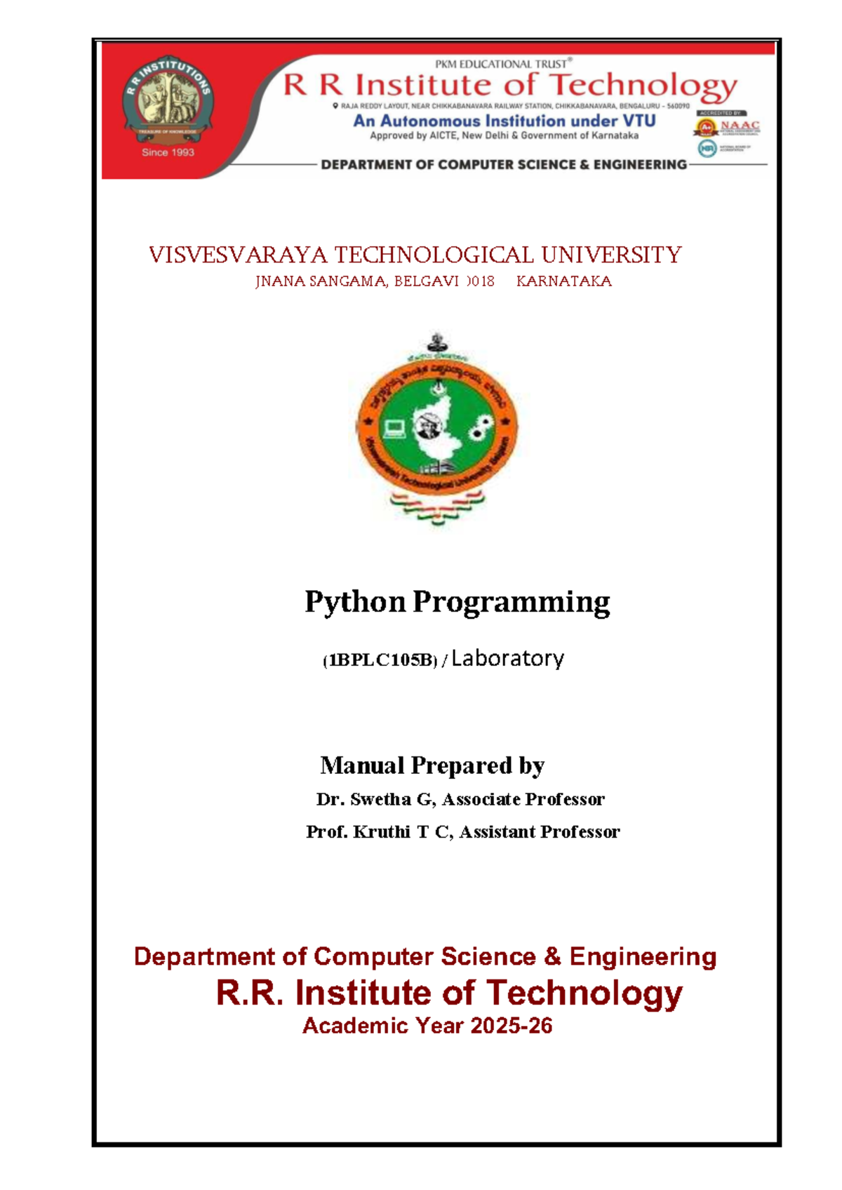 Python Programming Laboratory Manual (1BPLC105B) - Complete Guide - Studocu