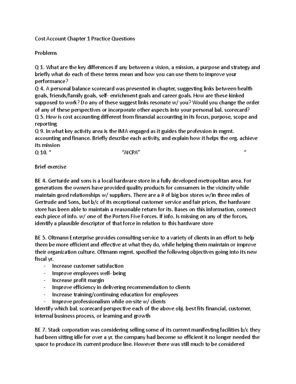 Cost Accounting Chapter 1 Practice Questions and Exercises - Studocu