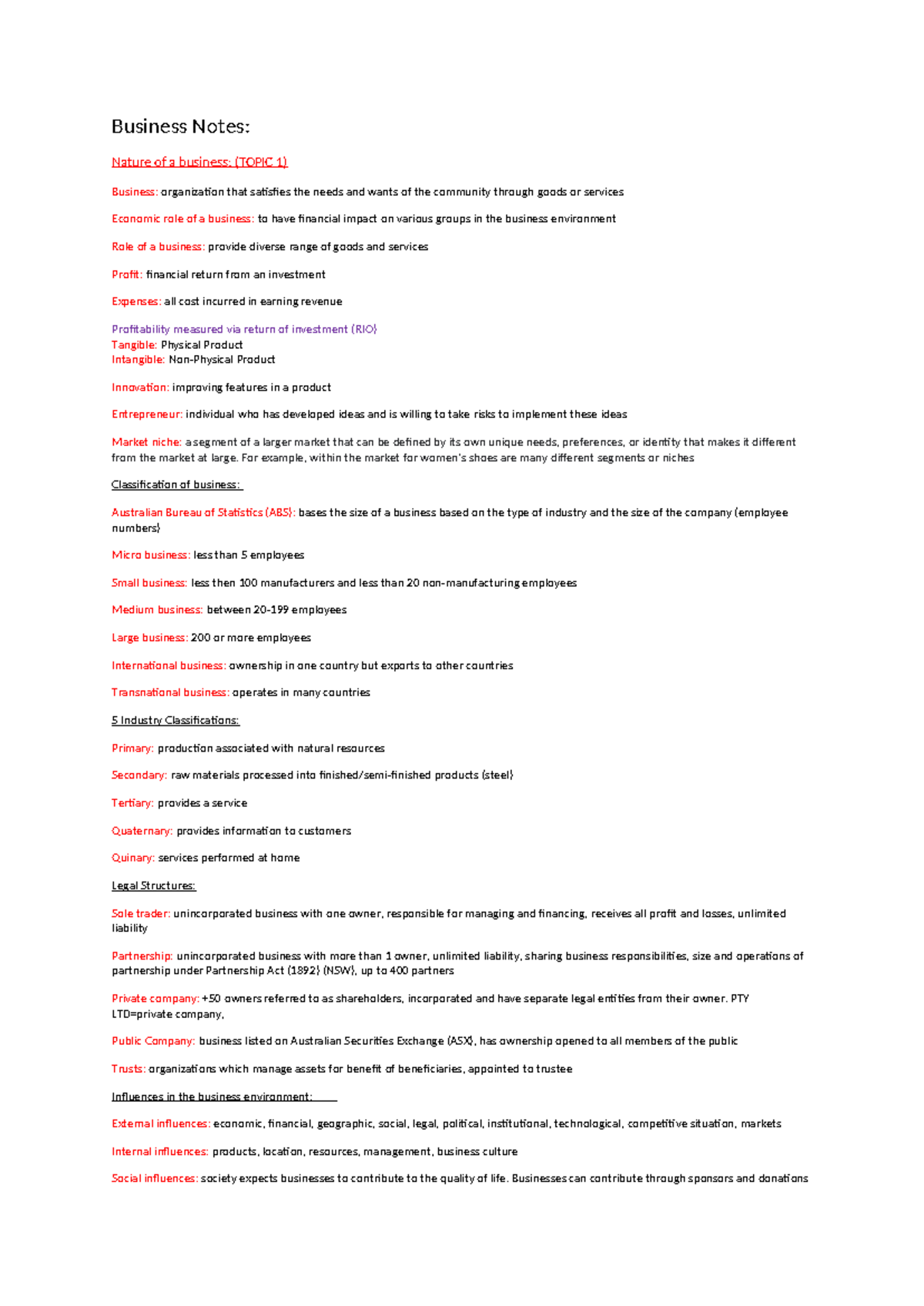 Business Notes yr 11 yearlies - Business Notes: Nature of a business ...