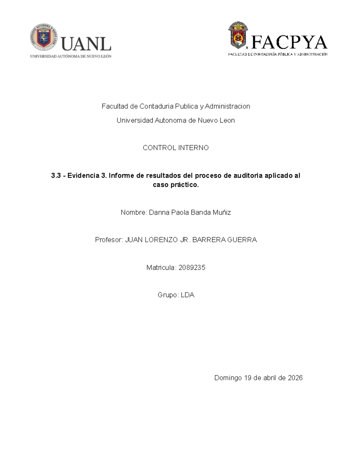 CONTROL INTERNO 3.3 - Informe de Auditoría y Resultados Prácticos - Studocu