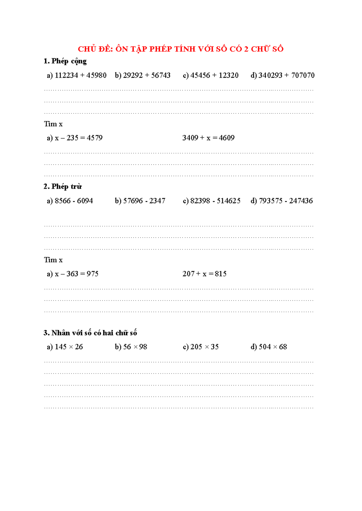 BÀI TẬP TOÁN LỚP 4: PHÉP TÍNH VỚI SỐ CÓ 2 CHỮ SỐ - Document Preview