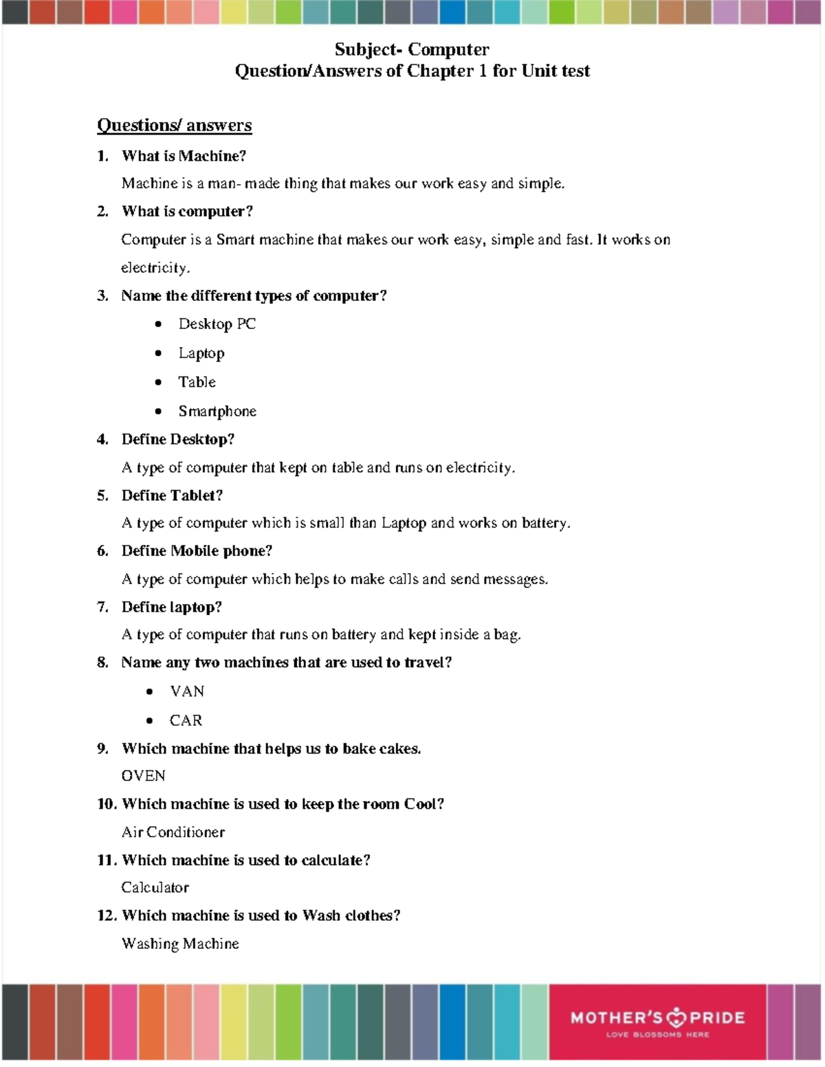 Grade 1 Unit Test: Computer Chapter 1 Answers - Studocu