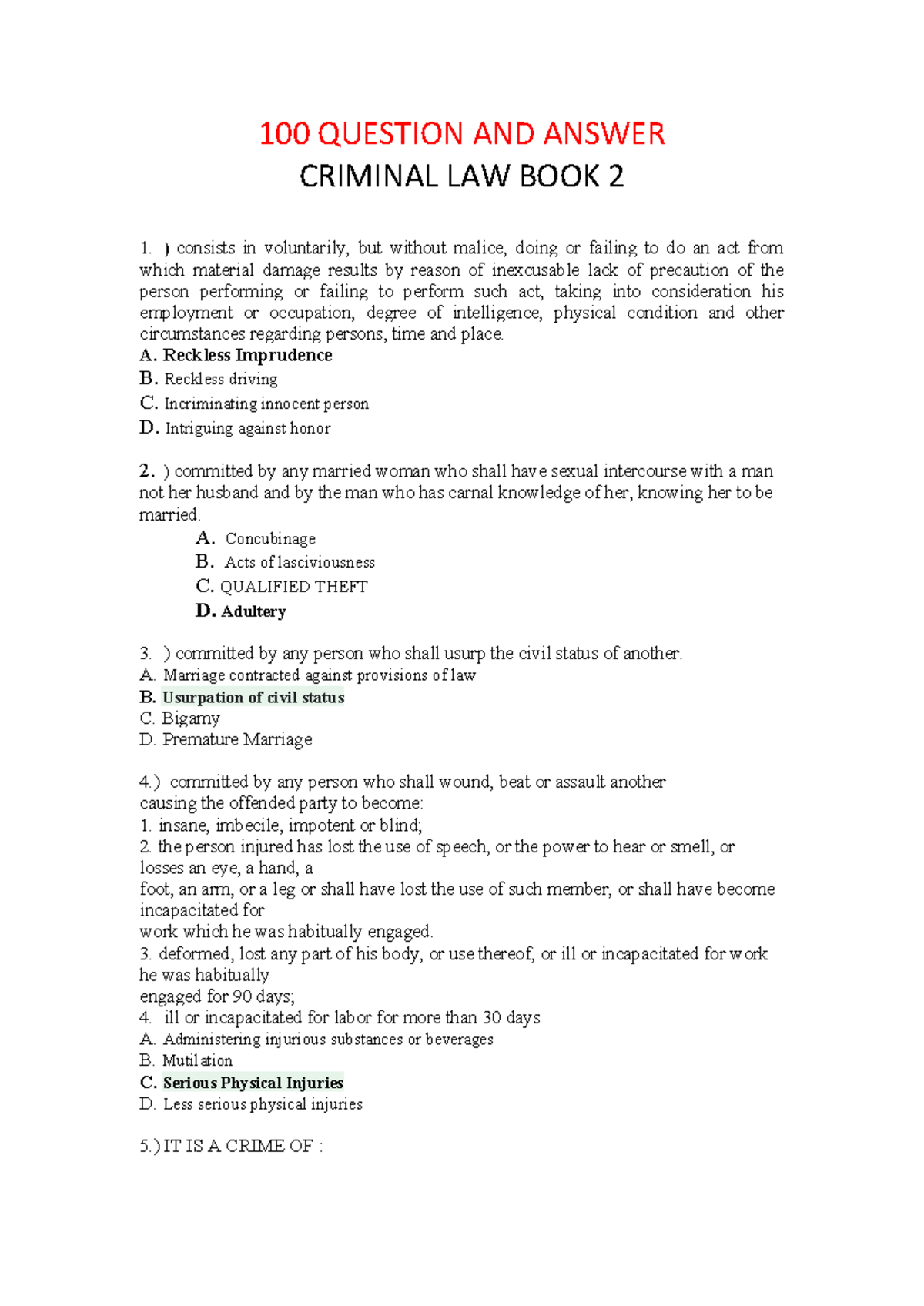 Criminal Law Review: 100 Q&A for Book 2 (Ilide Notes) - Studocu
