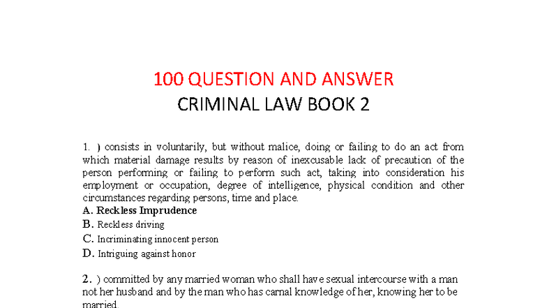 Criminal Law Review: 100 Q&A for Book 2 (Ilide Notes) - Studocu
