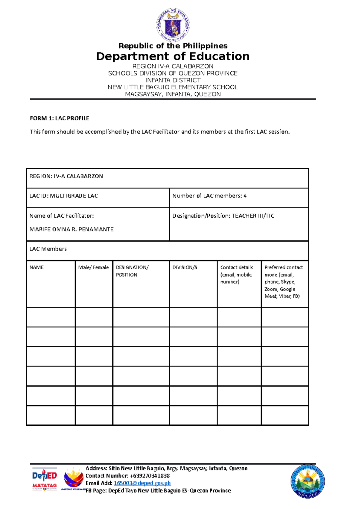 LAC Forms for New Little Baguio Elementary School - Region IV-A - Studocu