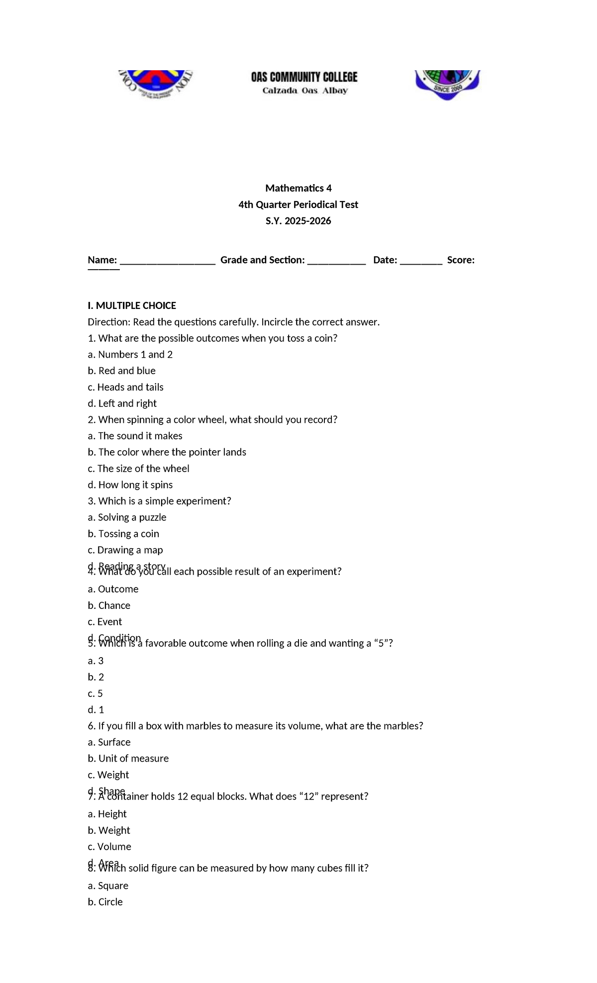 Mathematics 4 4th Quarter Periodical Test Review Notes - Studocu