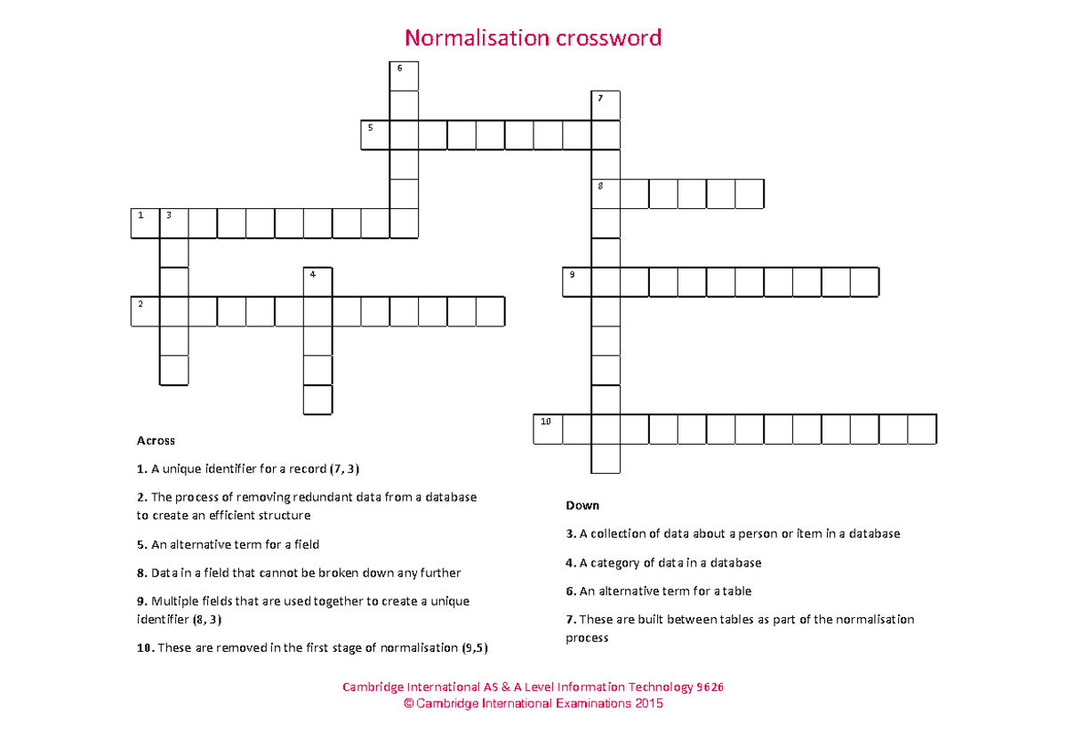 IT 9626 Normalisation Crossword Puzzle for AS & A Level - Studocu