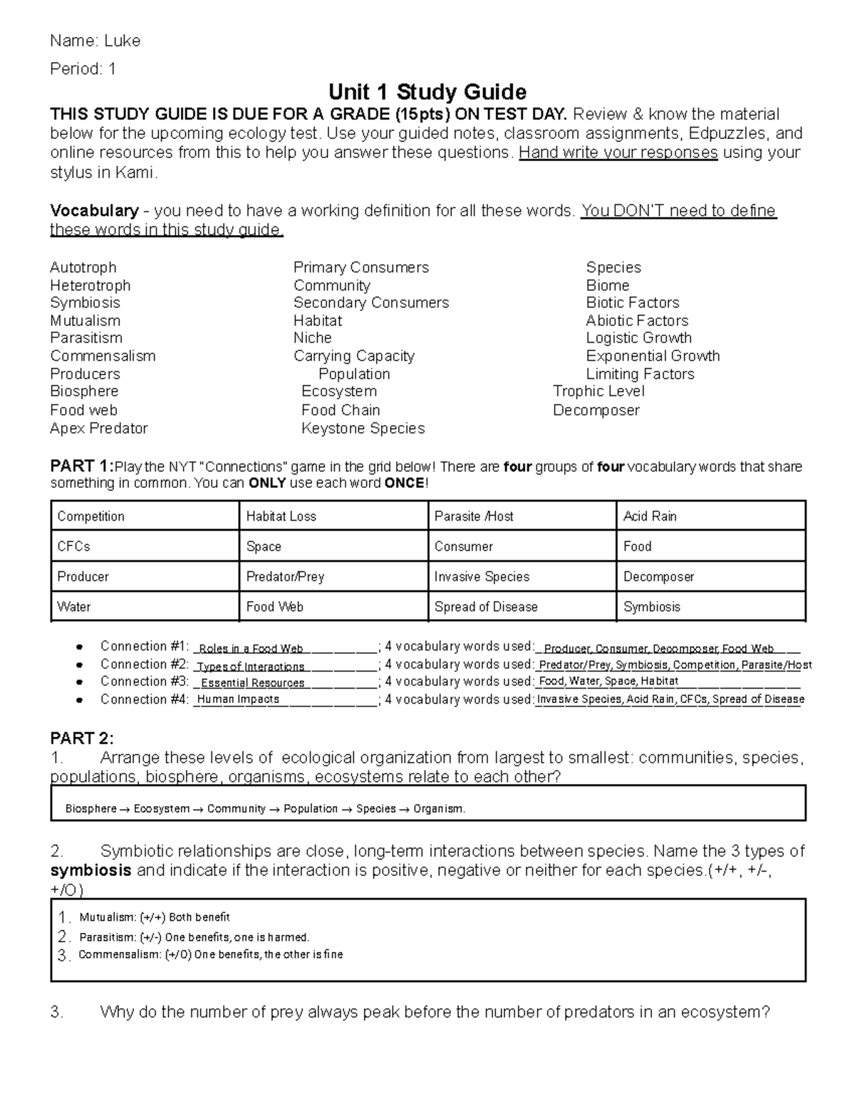 Ecology Unit 1 Study Guide (15pts) for Upcoming Test - Studocu