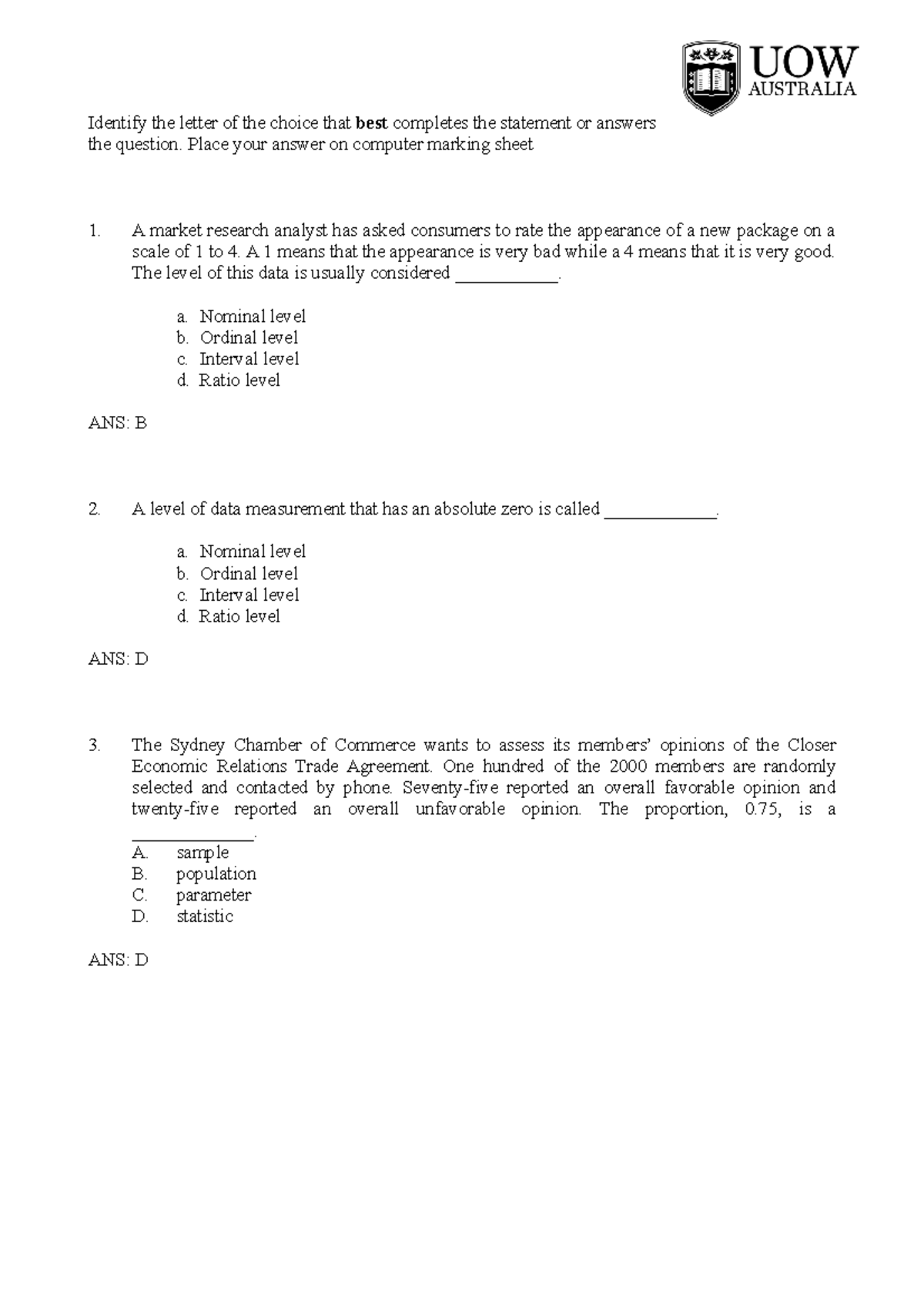 Sample/practice exam, questions and answers - Identify the letter of ...