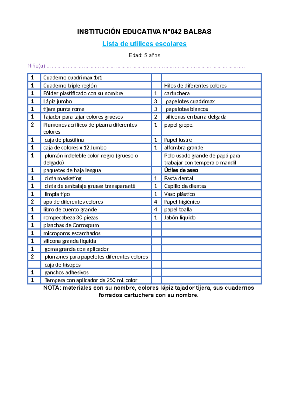 Lista de Útiles Escolares para Niños de 5 Años - N° 042 Balsas - Studocu