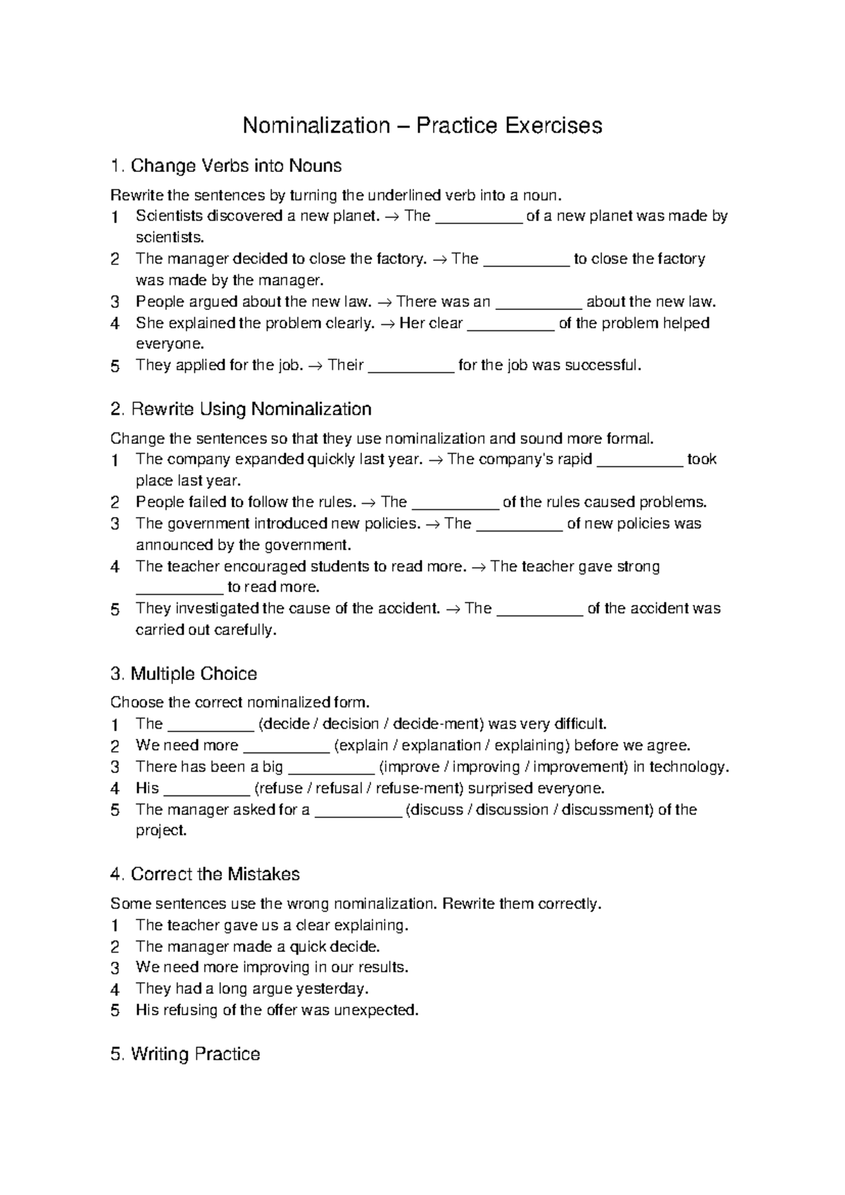 Nominalization Practice Exercises: Transforming Verbs to Nouns - Studocu