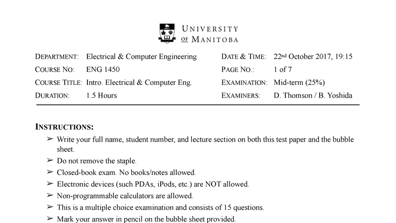 ENG 1450 - Intro. Electrical Computer Eng. Final Exam Practice - Studocu