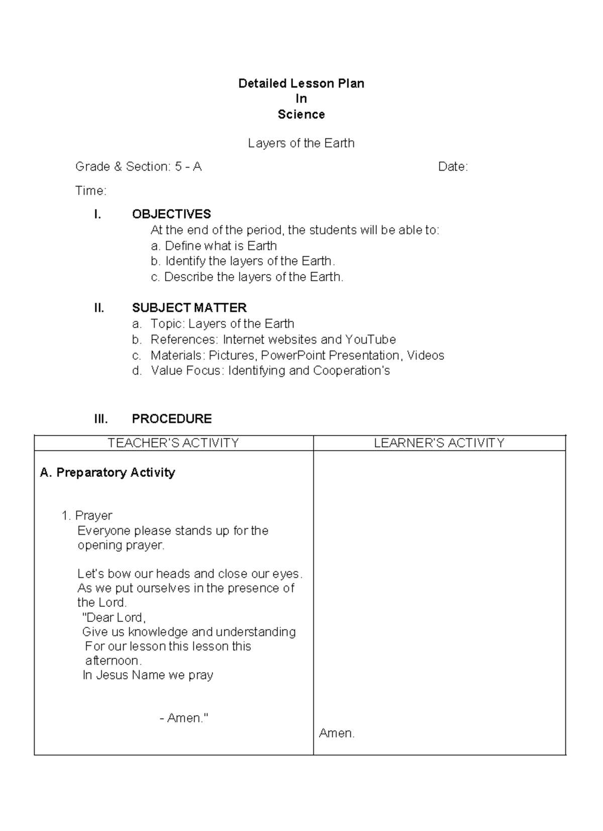 TTL 2 Lesson Plan: Exploring the Layers of the Earth for Grade 5 - Studocu