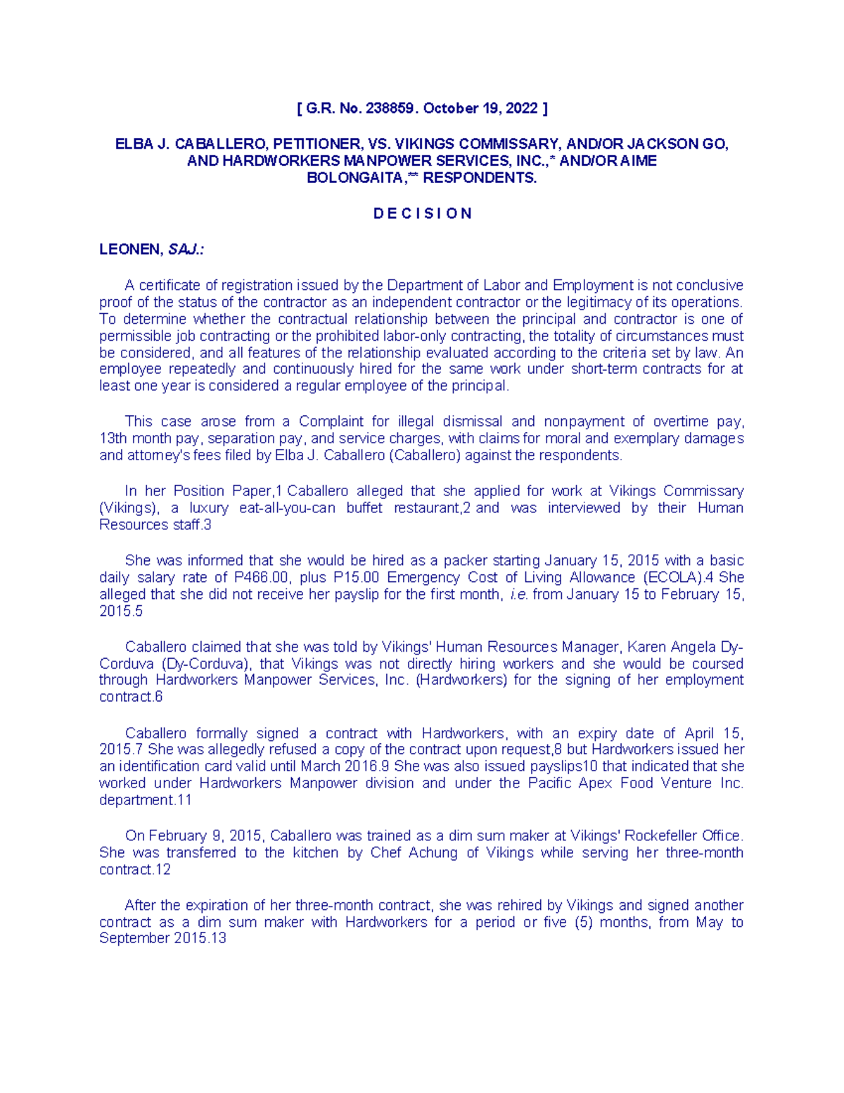 Caballero v. Vikings: Labor Case Decision Analysis (G.R. No. 238859 ...