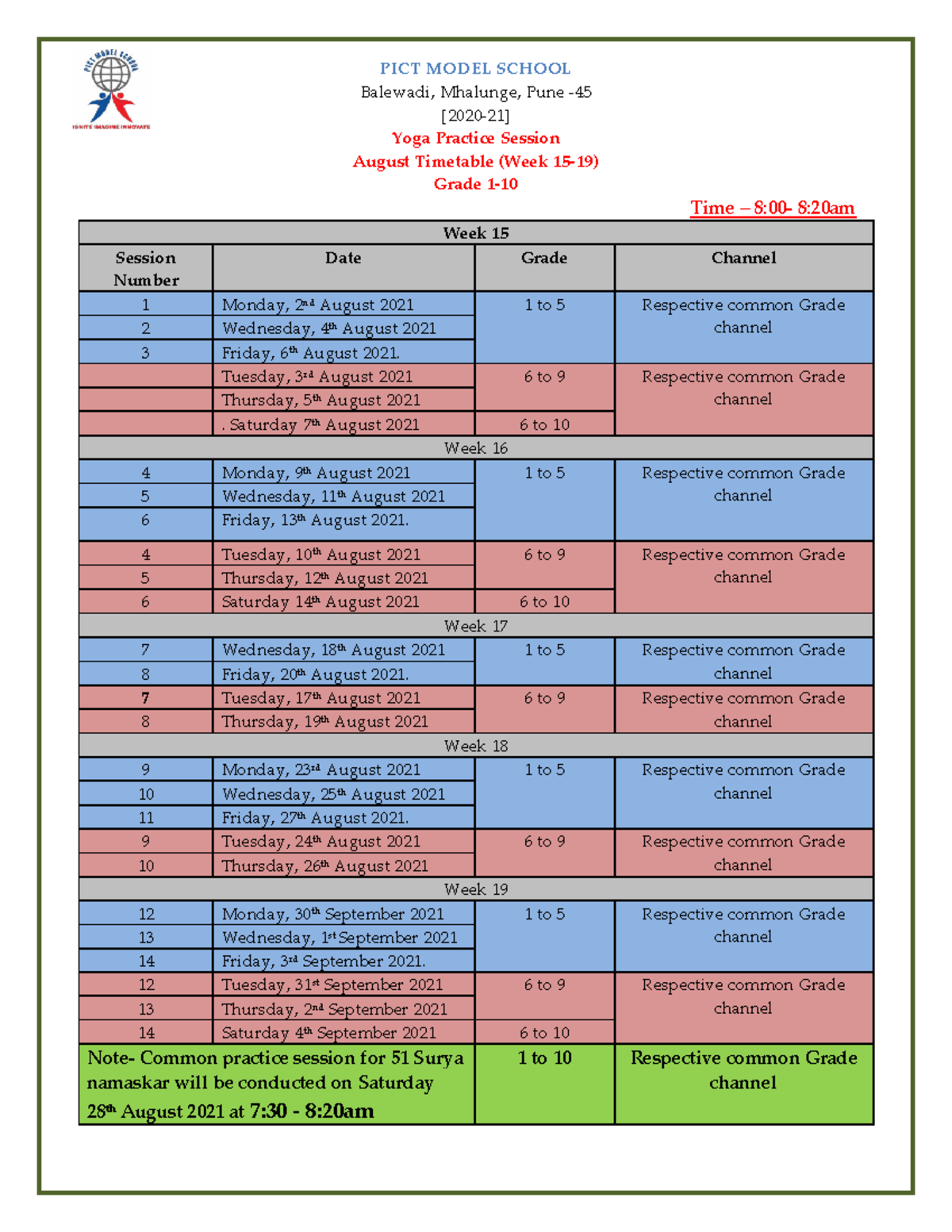 PICT MS Yoga Practice Session Timetable (August 2021) - Studocu