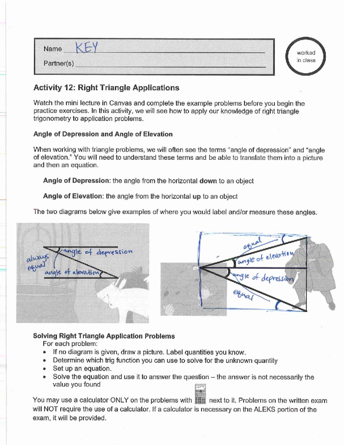 KEY - MATH 101 - Activity 12: Right Triangle Applications - Studocu