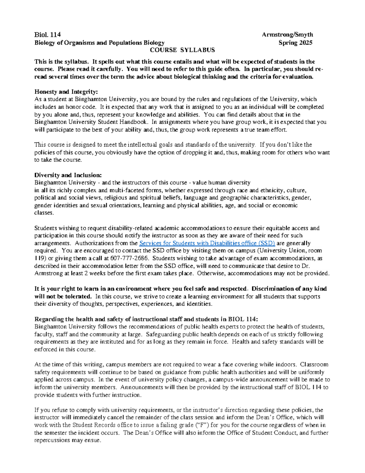 BIOL 114 Spring 2025 Course Syllabus Overview and Expectations - Studocu