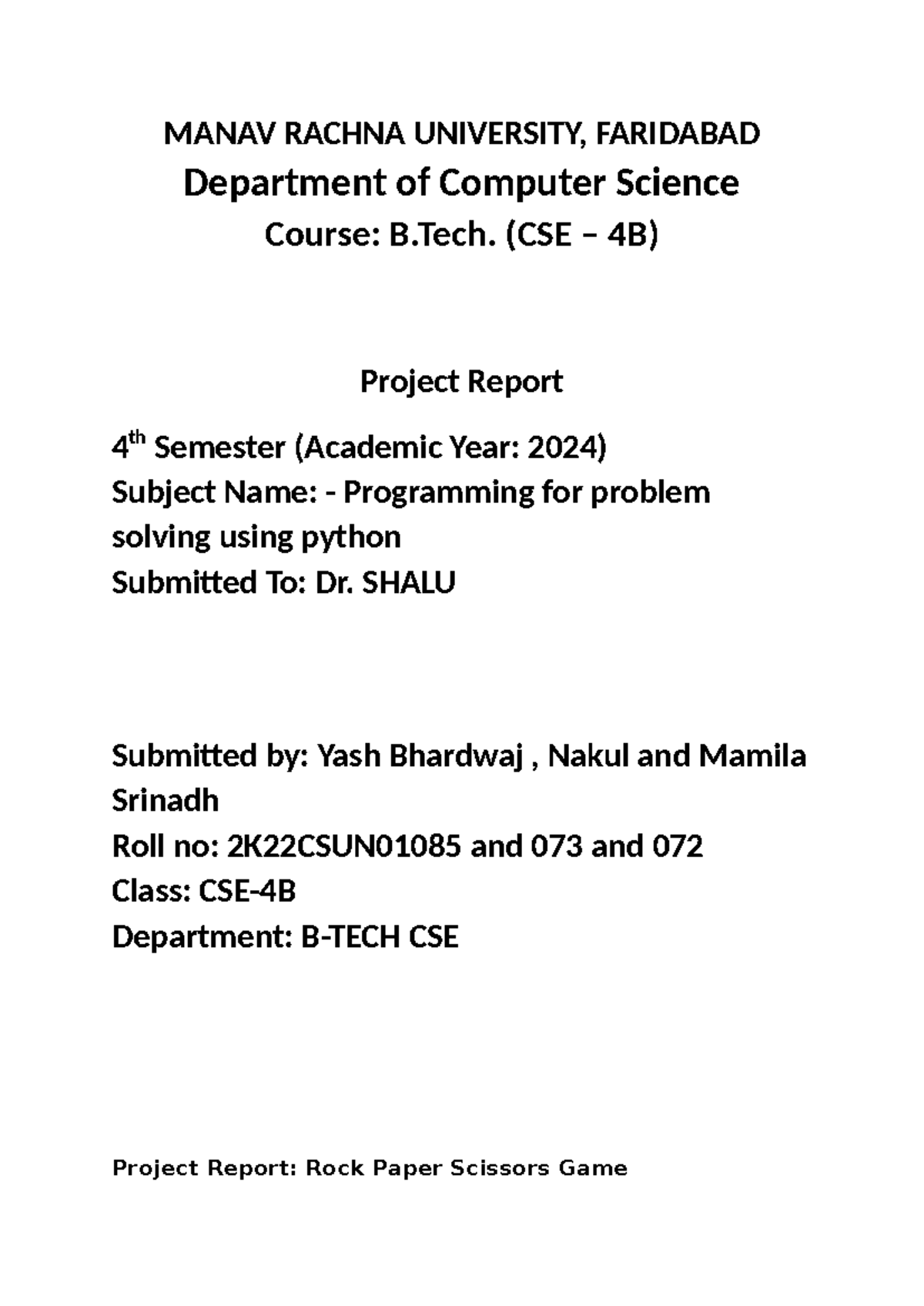 CSE-4B Project Report: Rock Paper Scissors Game Implementation in ...