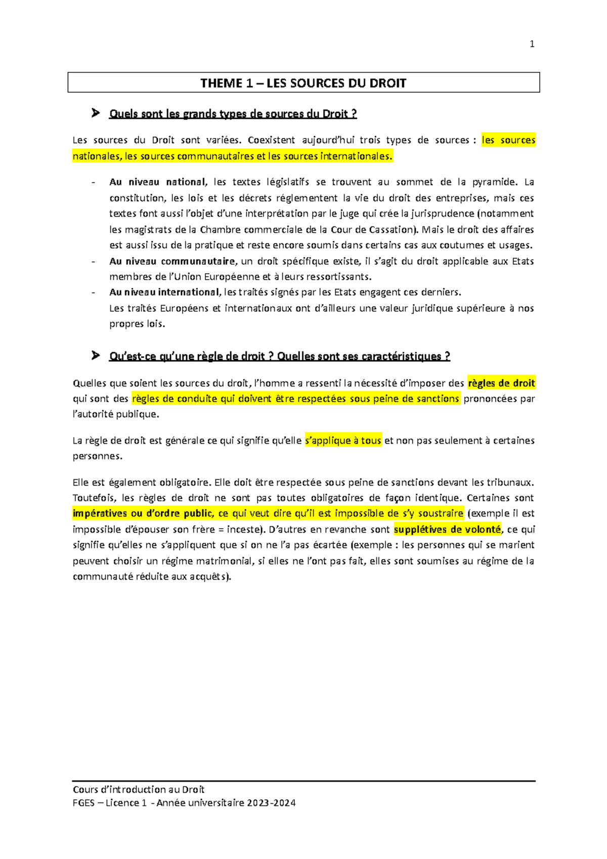 Sources du Droit - Thème 1 - Cours d'introduction au Droit 2023 - Studocu