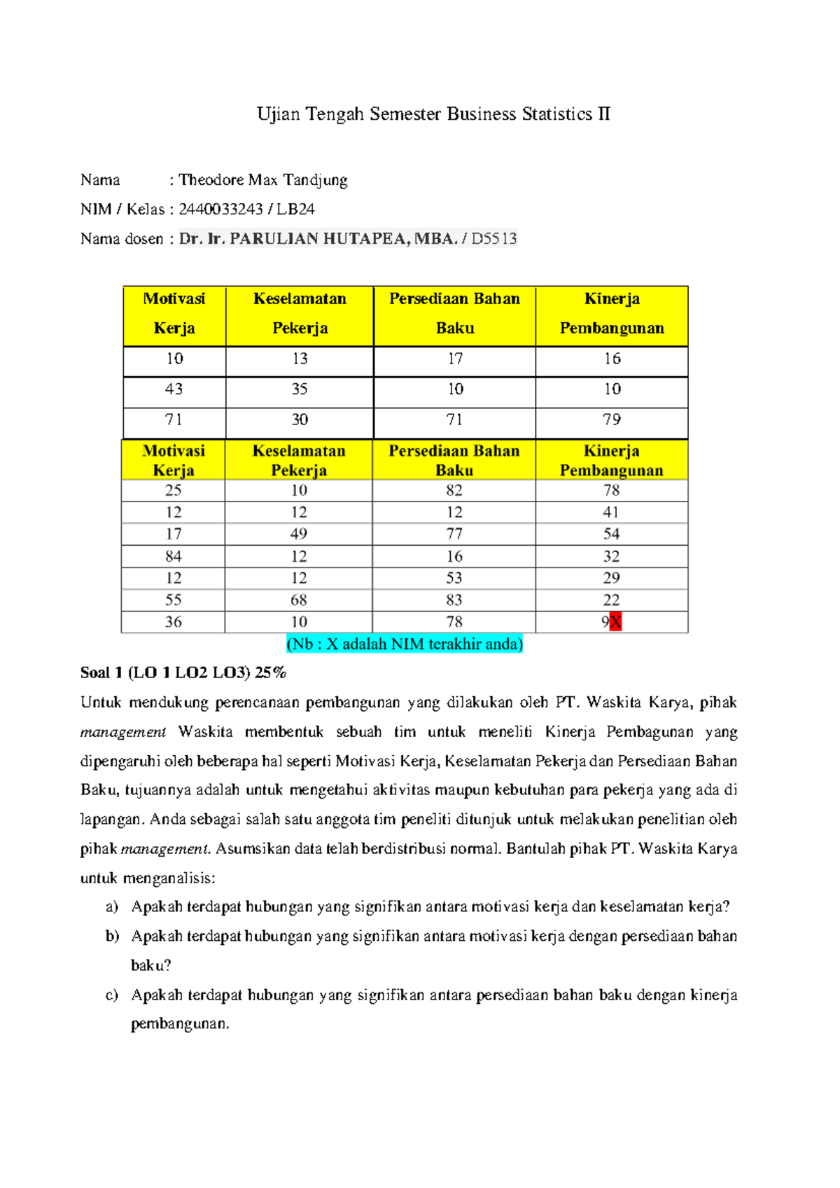 Ujian Tengah Semester Bisnis Statistika II: Analisis Hubungan Variabel ...