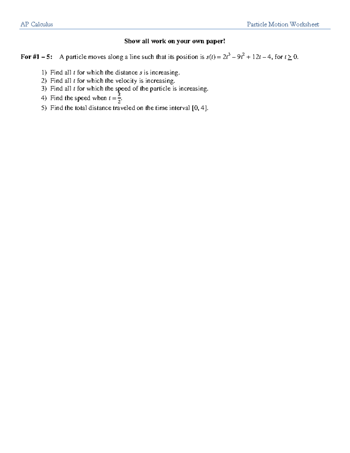 AP Calculus Particle Motion Worksheet & Solutions - Studocu
