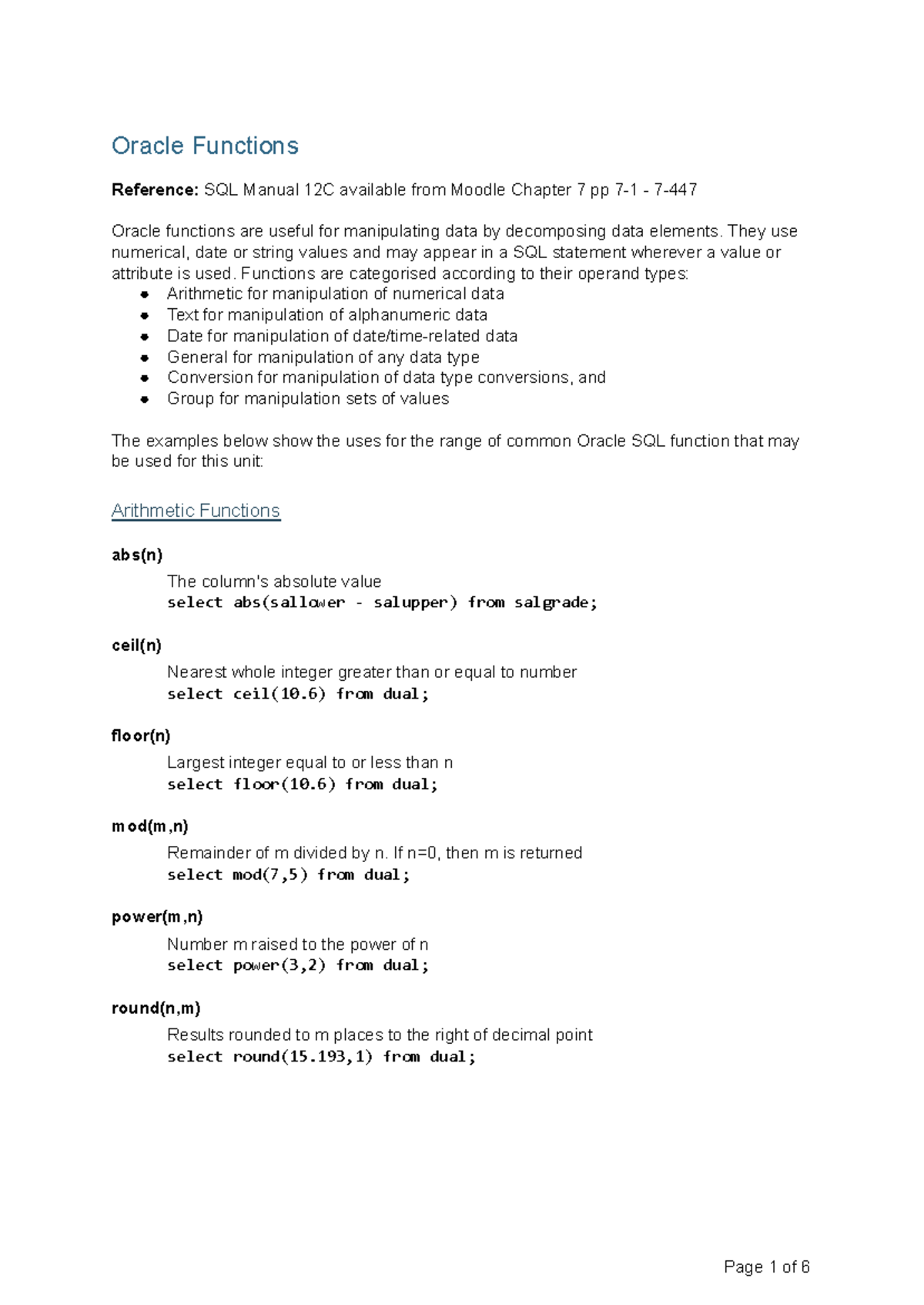 Oracle SQL Functions Reference: Manual 12C Chapter 7 - Studocu