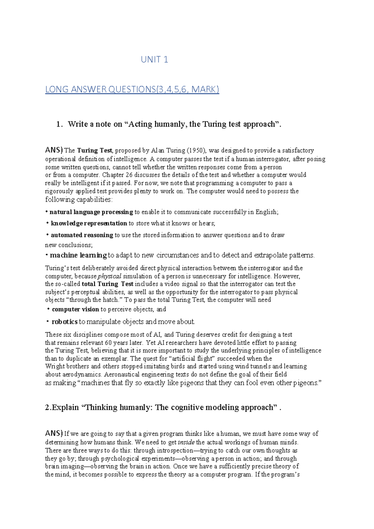U1-AI: Long Answer Questions on Turing Test, Rational Agents & AI ...