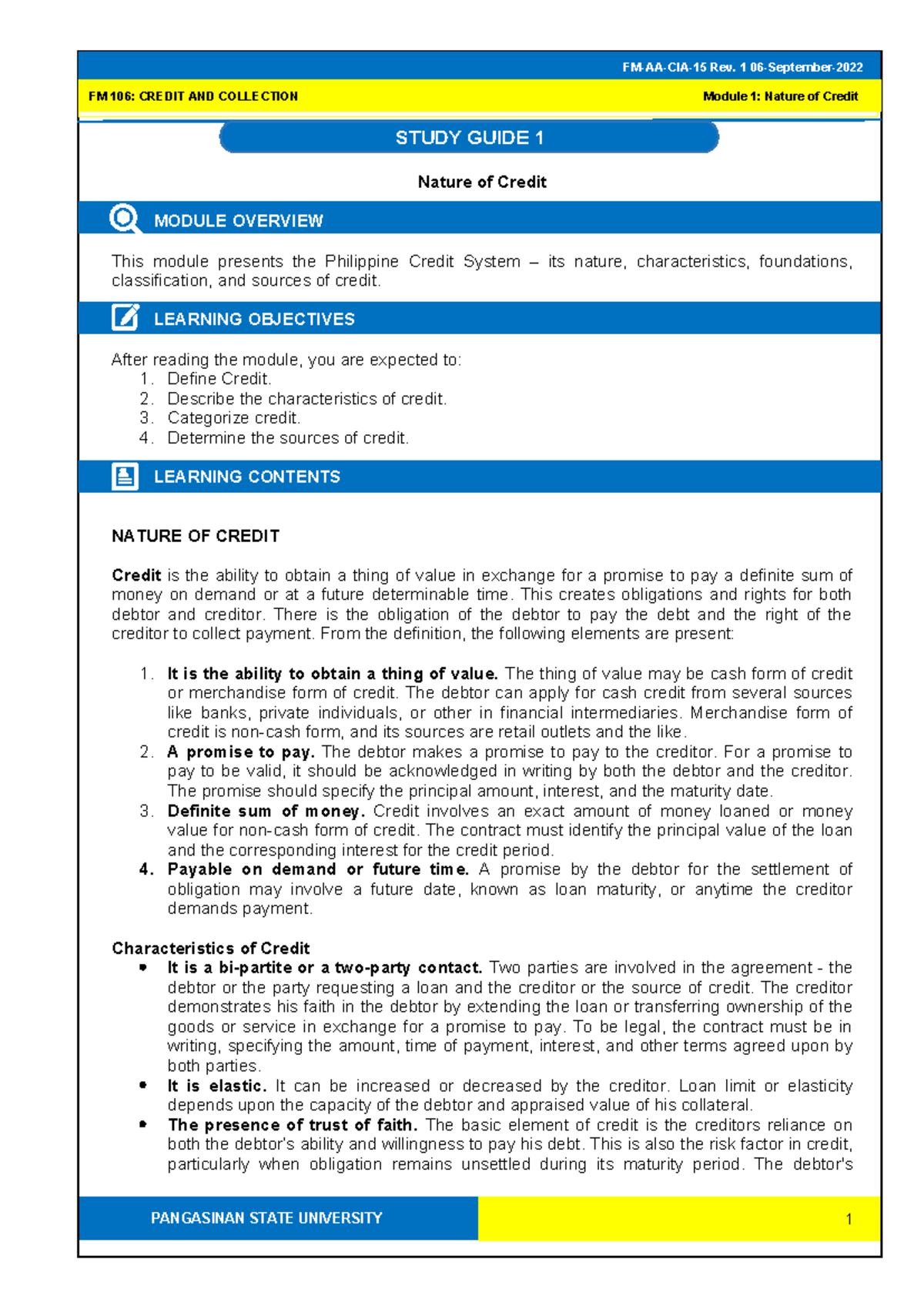 FM 106 - Credit & Collection Study Guide 1: Nature of Credit Concepts ...