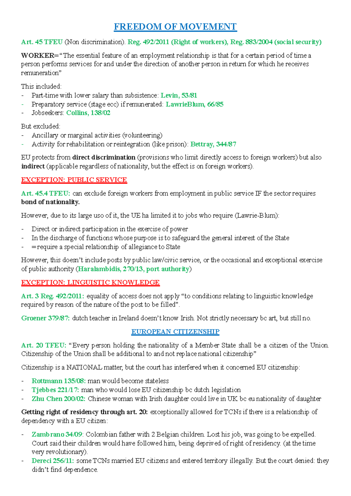 FREEDOM OF MOVEMENT: Art. 45 TFEU & EU Citizenship Rights Summary - Studocu
