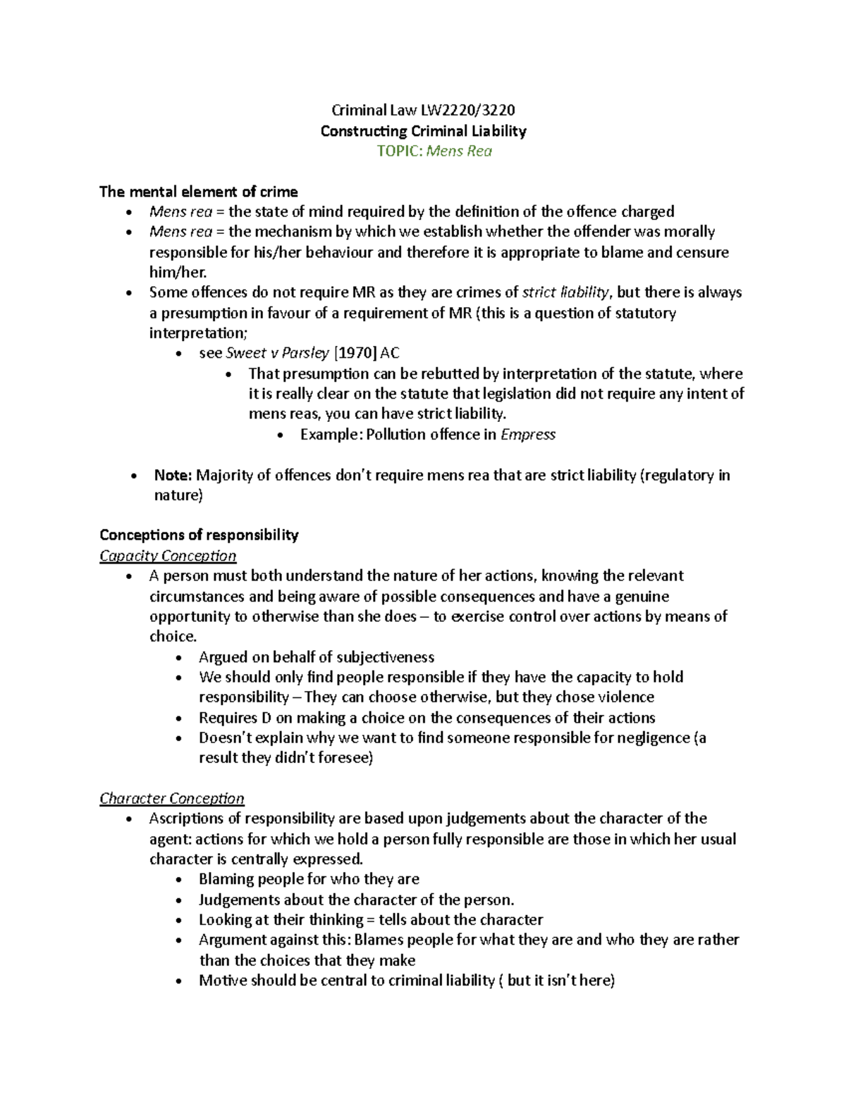 Mens Rea in Criminal Law LW2220: Understanding Criminal Liability - Studocu