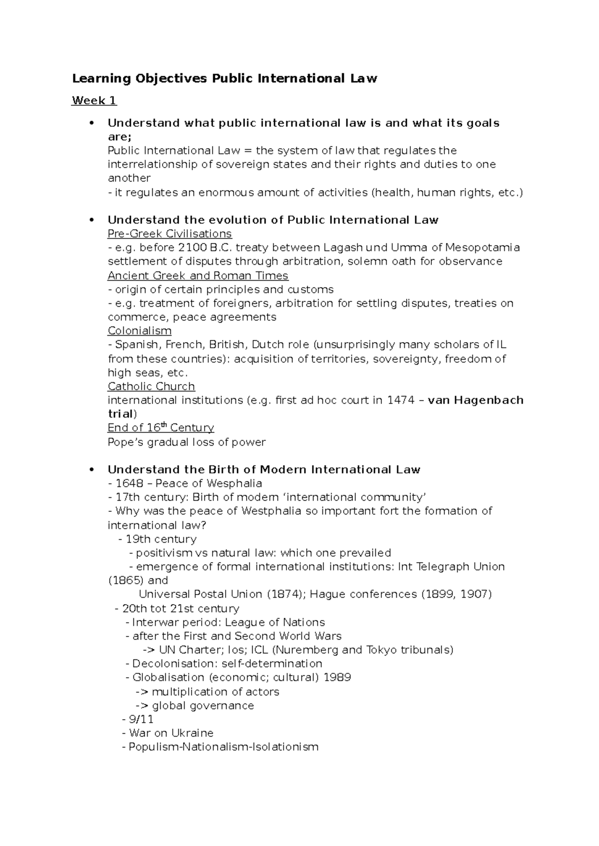 Learning Objectives for Public International Law (PIL) - Week 1 to 8 ...
