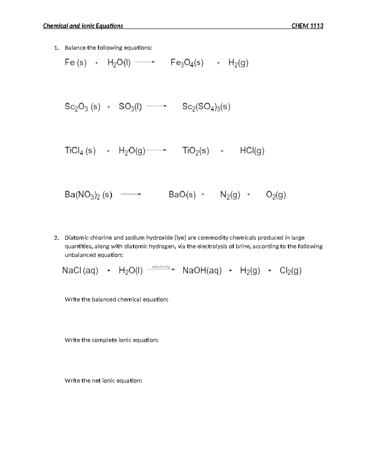 Balanced Chemical and Ionic Equations for CHEM 1113 Assignments - Studocu