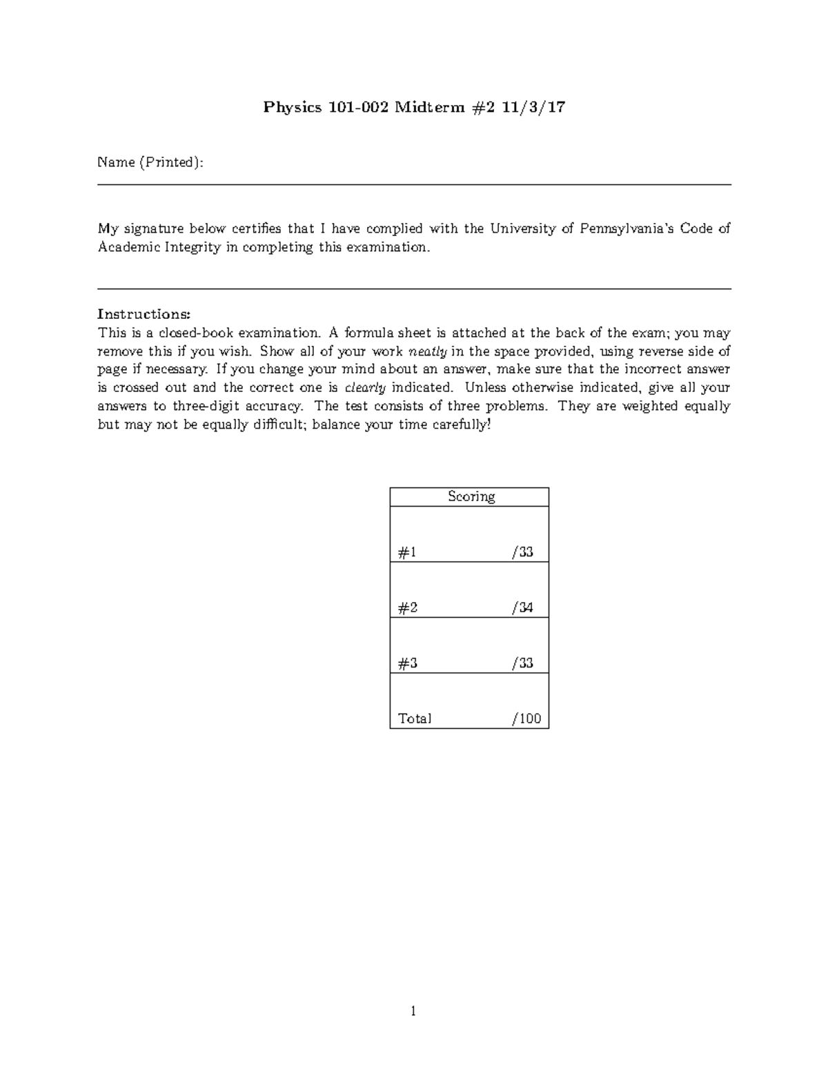 Midterm Exam 2 for PHYS101 Fall 2017 - Detailed Instructions and ...