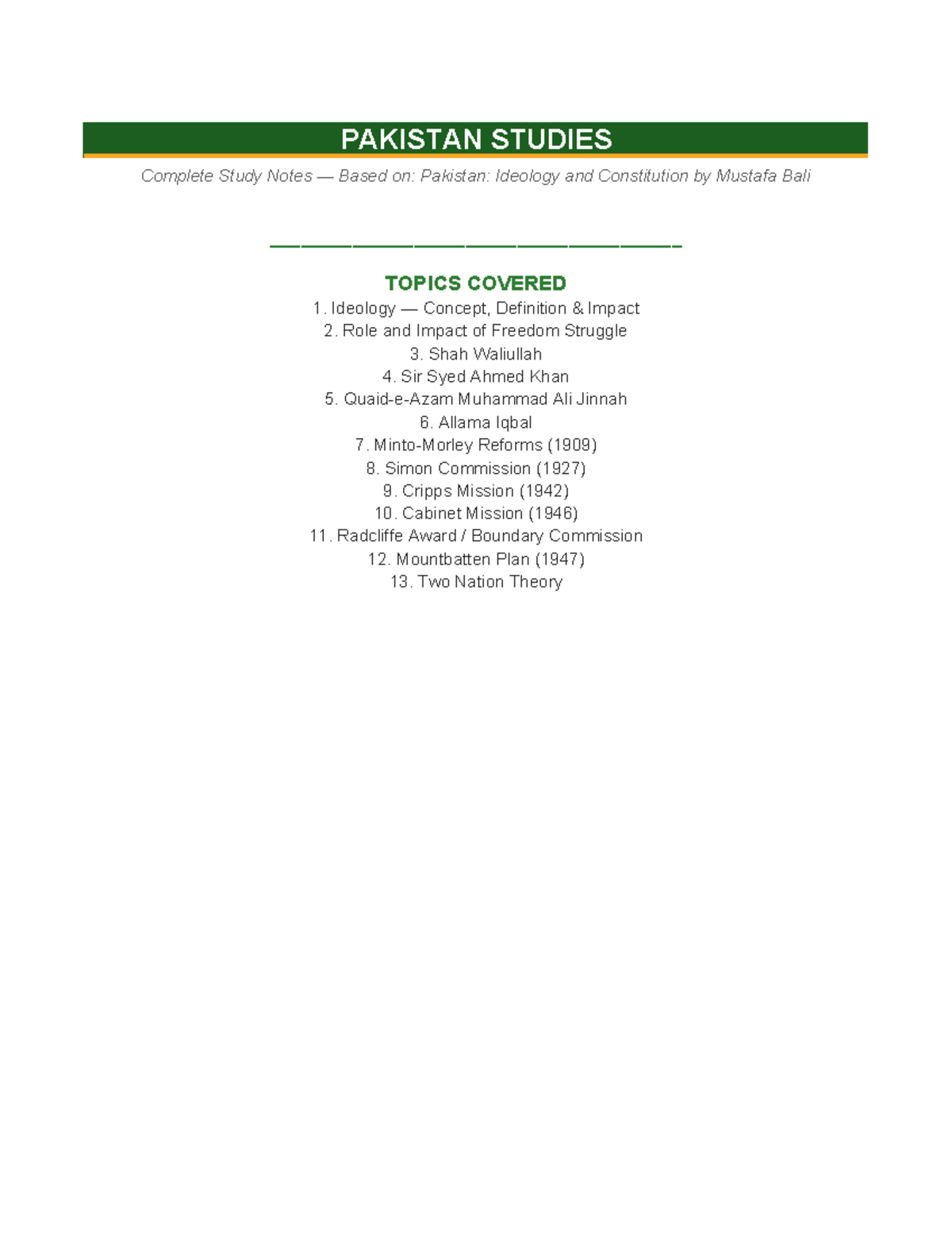 Pakistan Studies (PAKISTAN STUDIES) Comprehensive Study Notes on ...
