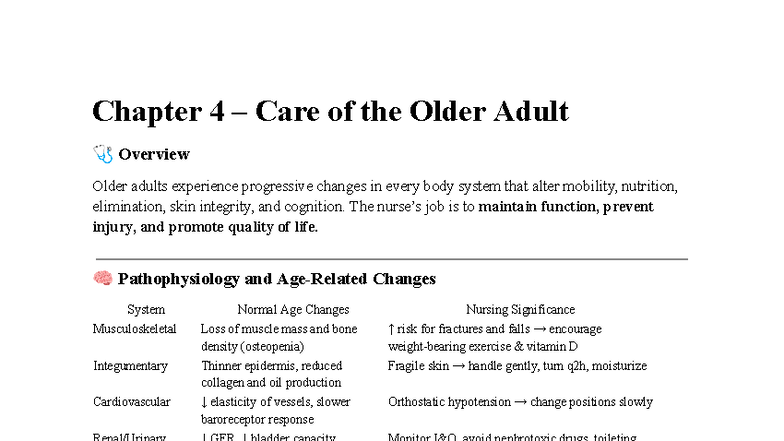 Med Surg Exam 1 Study Guide: Care of Older Adults & Pain Management ...